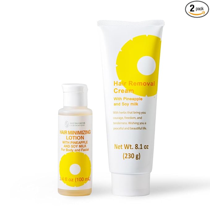 SUZUKI HERB LABORATORY Hair Removal Cream (8.1 OZ / 230g) and Hair Minimizing Lotion (3.52 FL. OZ / 100mL) with Pineapple and Soymilk for Sensitive Skin, Made in Japan