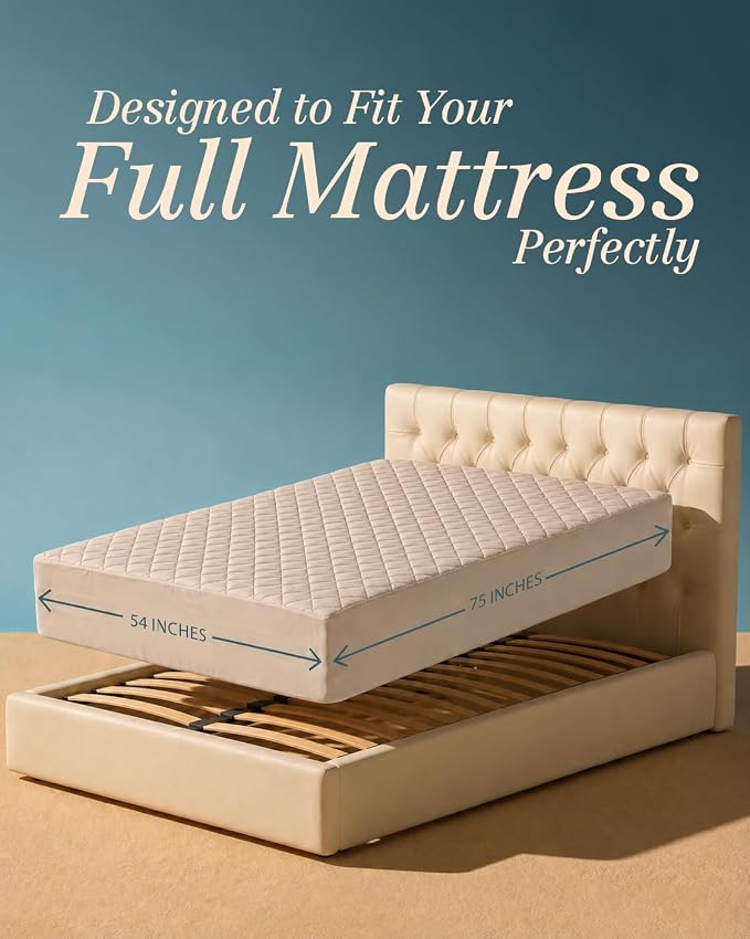 Quilted Fitted Mattress Pad, Full Mattress Protector Topper with Deep Pocket Stretches up to 16 Inches, Machine Washable Mattress Cover by Utopia Bedding (Beige)