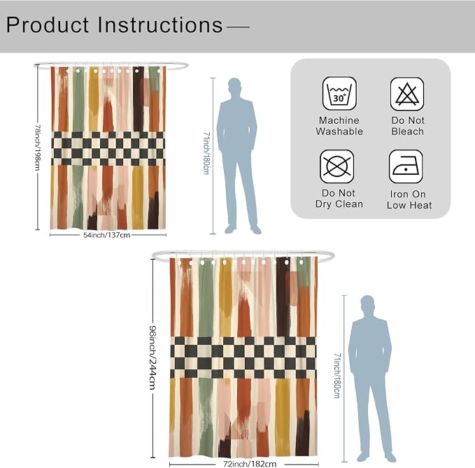 Brush Patterns Extra Long Shower Curtain, Modern Abstract Checkered Stripes Fall Earth Tones Washable with Hooks Design Print Bath Curtains for Bathroom Toile Guest Room Decor 72x96 Inch
