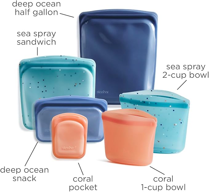 Stasher Silicone Reusable Food Storage Bags, 6-Pack Starter Kit, Reusable Freezer Bags, Microwave, Dishwasher, Oven Safe, Sous Vide, Lunch Containers, Eco Friendly, Snack Bag, Sea Spray | Food-Safe Silicone, BPA-Free, Leak-Free, Eco-Friendly, Dishwashe...