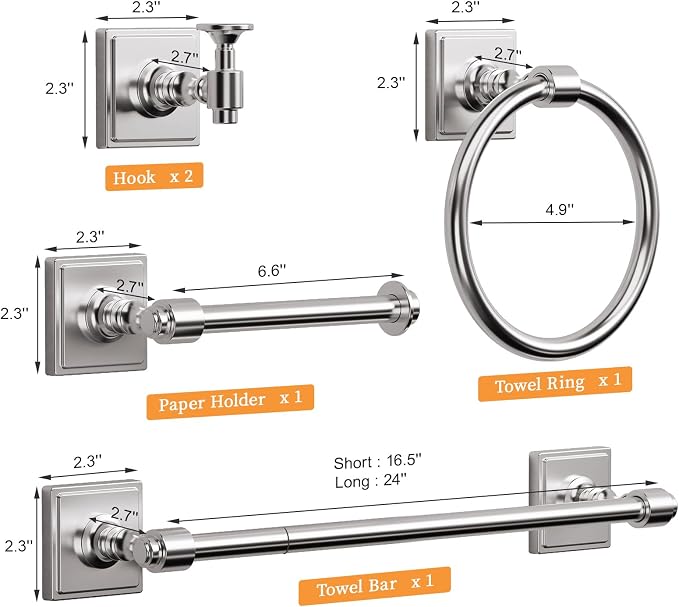 VEHCIL Brushed Nickel Bathroom Towel Bar Set, 5 Piece Bathroom Hardware Accessory Set, SUS304 Stainless Steel 24" Towel Rack Holder Set for Bathroom, Wall Mounted