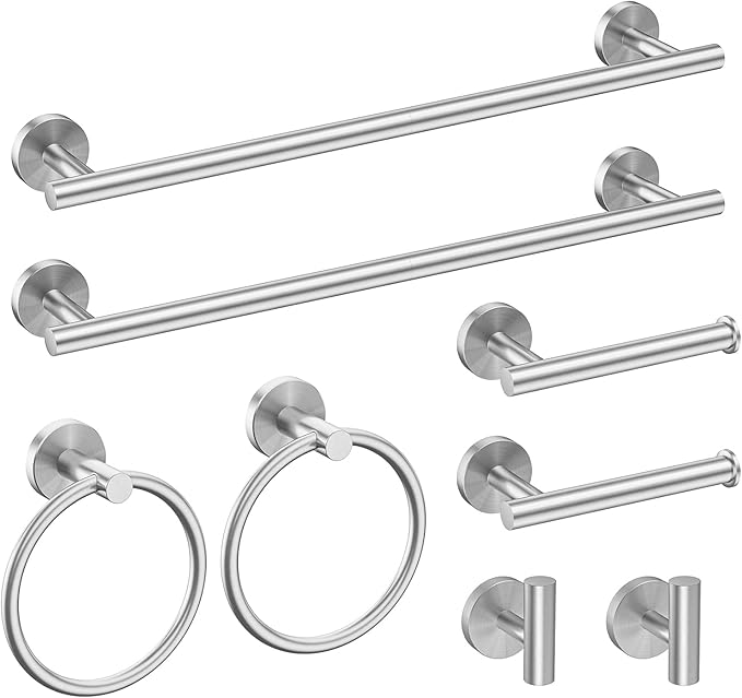 USHOWER Brushed Nickel Bathroom Hardware Set, Modern 18-Inch Towel Bar Set Wall Mounted, Durable SUS304 Stainless Steel Bathroom Accessories Set, 8-Piece