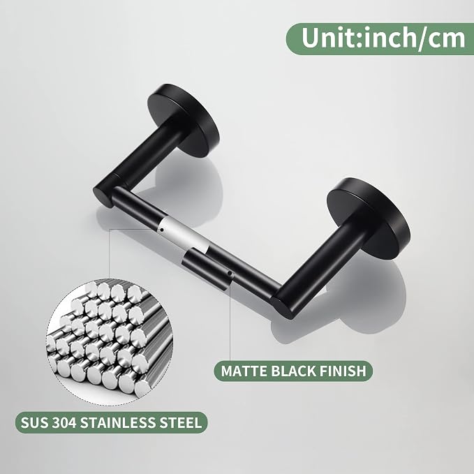 Black Toilet Paper Holder Towel Ring Matte Bathroom Accessories Set Hand Towel Holder Wall Mount Bath Hardware TP Tissue Roll Holder with Double Post Pivoting SUS304 Stainless Steel 2pc