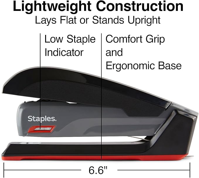 Staples One‑Touch Desktop Staplers, 20‑Sheet Capacity, Gray/Black/Red, 2‑Pack – Smooth‑Press Staplers
