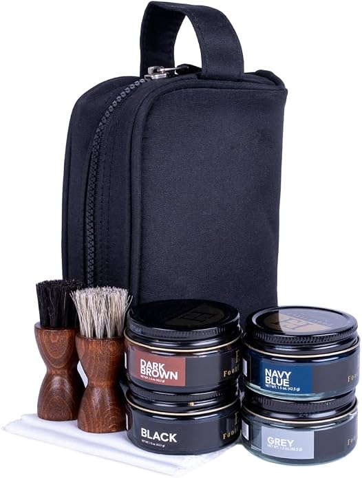 FootFitter Travel Shoe Shine Kit, Conditioning Creams & Applicators | Compact Leather Conditioning Applicators, Premium Shoe Creams, Shine Cloths & Travel Bag for On the Go Shoe Care