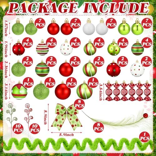 Leitee 109 Pcs Whimsical Christmas Tree Decorations Lime Green Red Ornament