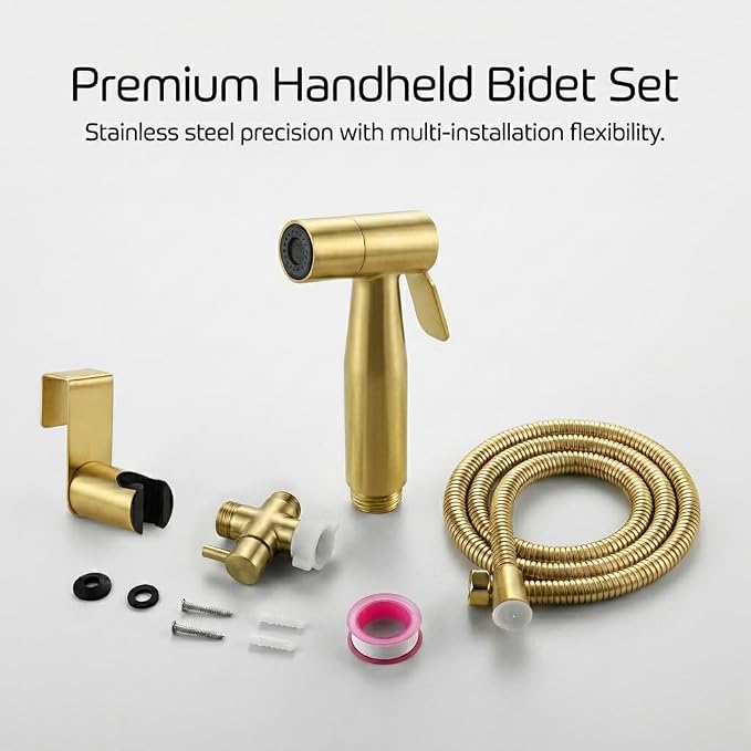 BARROCK Handheld Bidet Sprayer for Toilet, 2 Pack Bidets Faucet for Existing Toilets Cloth Diaper Jet Sprayer, Stainless Steel Muslim Shower Brushed Gold Bidet Attachment Set for Baby/Feminine Wash