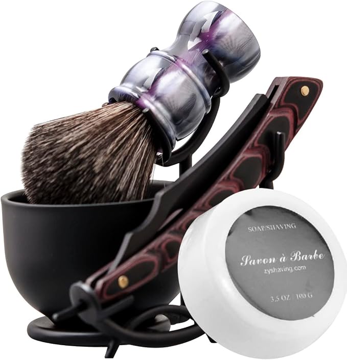 Grandslam Shaving Kit - Straight Razor, Leather Strop, Bowl & Stand, Shaving Brush, Soap - Gift for Men