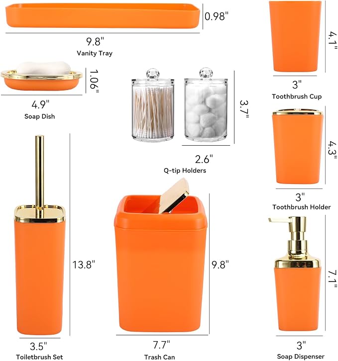 XLHOMO Bathroom Set, 9PC Bathroom Accessory Set, Orange Bathroom Accessories, Orange Bathroom Set, Trash Can, Soap Dispenser for Home Decor