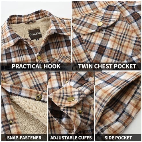 Men's Sherpa Cotton Flannel Shirt Jacket Plaid Button Coat Pocket