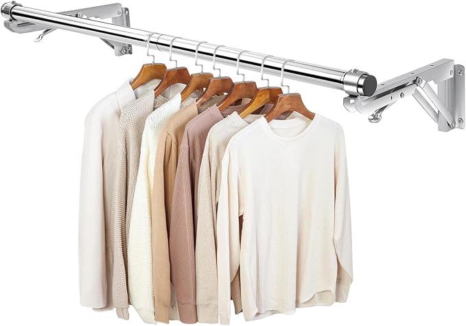 TBMLC Foldable Wall Mounted Clothes Rack- 30'' Long Rod & 2 Thick Bases | Stainless Steel,Multi-Purpose for Space-Saving Garment Rack/Clothes Drying Rack/Clothes Hanger,Detachable Top Shelf Reserved