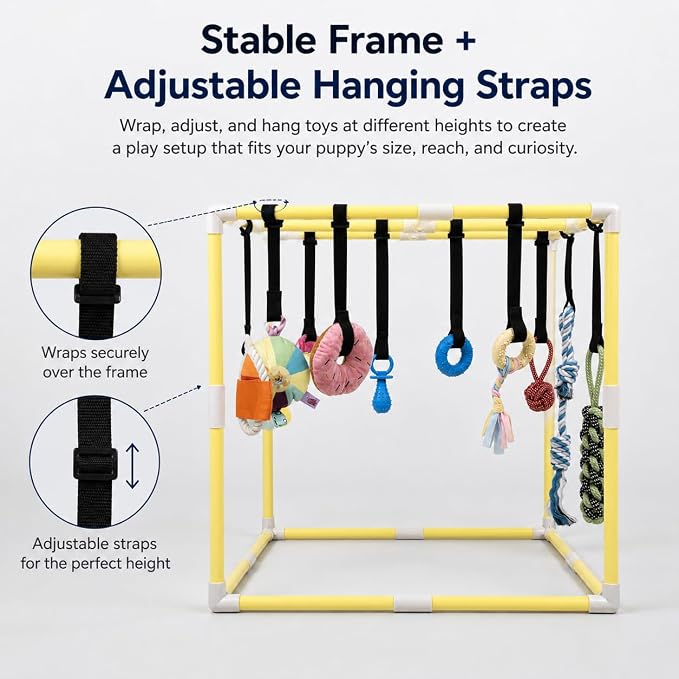 Puppy Play Gym with 17 Hanging Toys, 22" Indoor Dog Jungle Gym | Interactive Enrichment Activity Center for Active Small Dogs, Puppies & Cats, Teething & Squeaky Toys, Stable PVC Frame