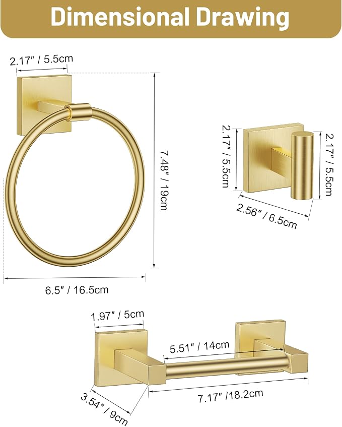 Towel Ring Set 4 Piece Bathroom Hardware Set Includes Towel Ring 2 Towel Hooks and Toilet Paper Holder Stainless Steel Wall Mounted (Brushed Gold)