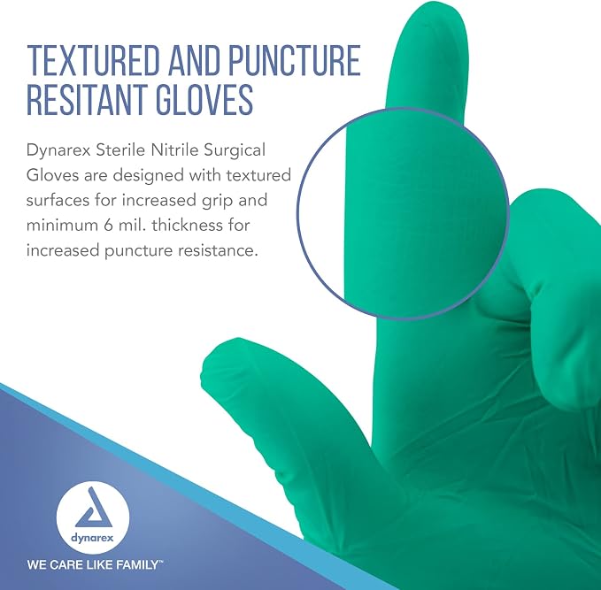 Dynarex Sterile Nitrile Surgical Gloves, Powder Free, Size 6.5, 50 Pairs of Gloves, White, 6.5