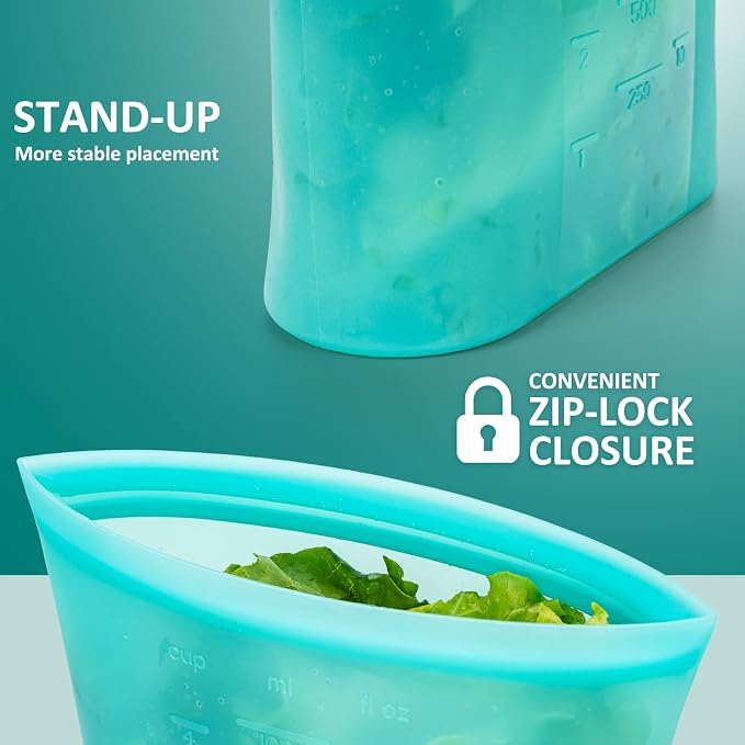 8-Pack Reusable Silicone Food Storage Bags, 100% Silicone Stand-Up Wide-Open Zip-Lock Reusable Storage Bags for Food, Freezer Microwave Oven Dishwasher Safe, Aqua, 4S 4XS