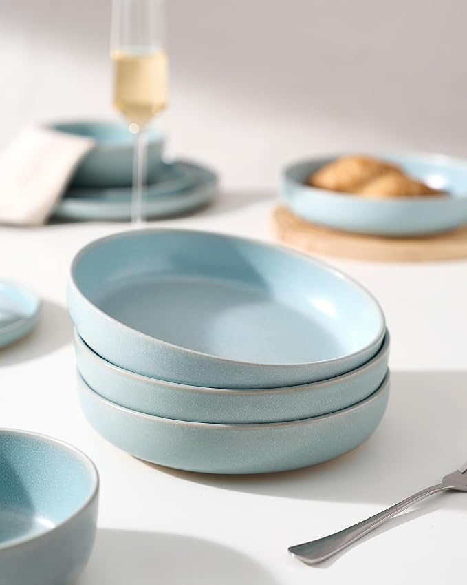 famiware Milkyway Pasta Bowls Set of 8, 33 oz Large Salad Bowls, Double Reactive Glaze, Sturdy & Stackable, Ideal for Housewarming, Festivals, Light Blue