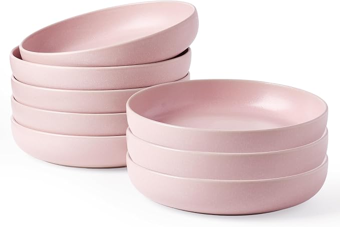 famiware Milkyway Pasta Bowls Set of 8, 33 oz Large Salad Bowls, Double Reactive Glaze, Sturdy & Stackable, Ideal for Housewarming, Festivals, Light Pink