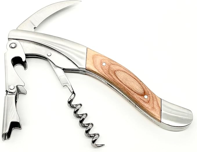 Solid Oak & Stainless Steel Wine Opener With Two Step Cork Pull Lever, Five Spiral Worm and Serrated Knife, Heavy Weighted Feel and Quality Construction. The Superior Waiter's Corkscrew.