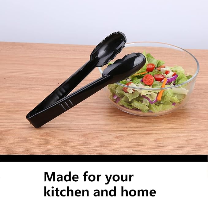 Plastic Tongs for Kitchen, Disposable Utensils Set, 12 Pieces, 9 Inch Heavy Duty Scalloped Salad Serving Tongs, Food Safe Material, Perfect for Buffets and BBQ (12, Black)