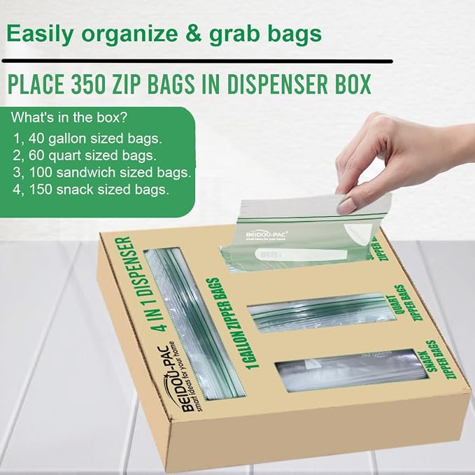 BEIDOU-PAC Combo Storage Zip Bags 350 Count, Resealable Variety Pack With Organizer, Reclosable Clear Plastic Snack, Sandwich, Quart, Gallon Assorted Size Bags