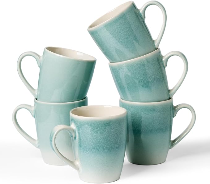 famiware Coffee Mugs Set, 13oz Mug Set of 6, Stoneware Cups for Latte, Hot Tea, Mocha, Cocoa, Cappuccino, Microwave and Dishwasher Safe, Glacier Series, Aqua