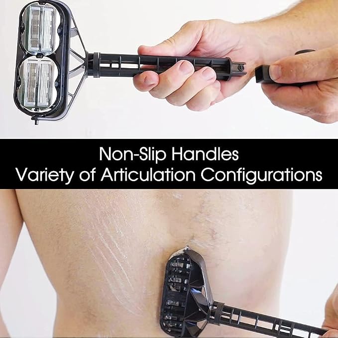 OmniShaver Ergonomic Maintenance Back Shaving Kit - Extendable Handle with Dual Shave Heads for Easy Reach - Includes Lotion Spreader - Self-Cleaning & Self-Stropping - Maintenance Back Shaver for Men