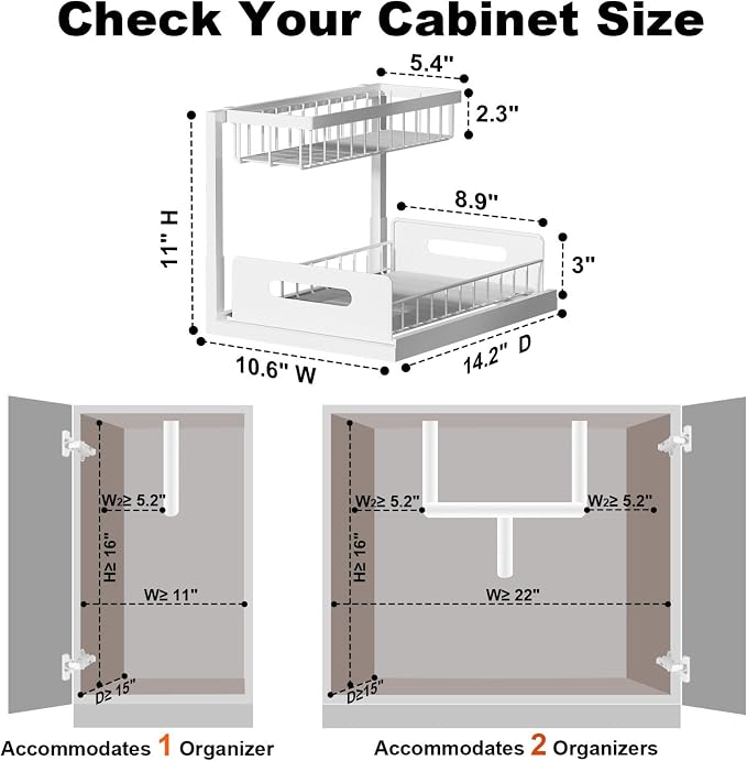 REALINN Under Sink Organizer, Pull Out Cabinet Organizer, 2 Tier Metal Slide Out Shelf with L Shaped Design for Kitchen, Bathroom, Laundry, and Utility Cabinet Storage for Deep Cabinets, White, 2 Pack