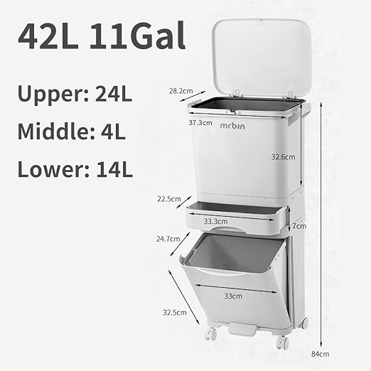 MRBIN 42L 3-Tier Kitchen Trash Can with Pedal & Wheels, 11Gal Double-Layer Recycling Center, Vertical Garbage Bin for Kitchen, Office, Bathroom