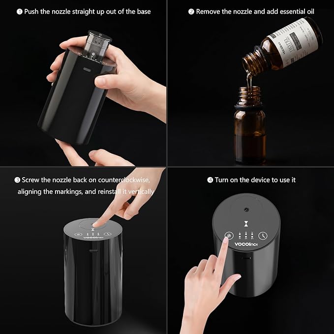 VOCOlinc Waterless Diffuser for Essential Oil Starter Kit with 10mL Hotel Scent Fragrance Oil, Battery Operated Nebulizer, Mini Scent Air Machine, 3 Timers & 3 Mist Levels for Home, Room, Car, Office