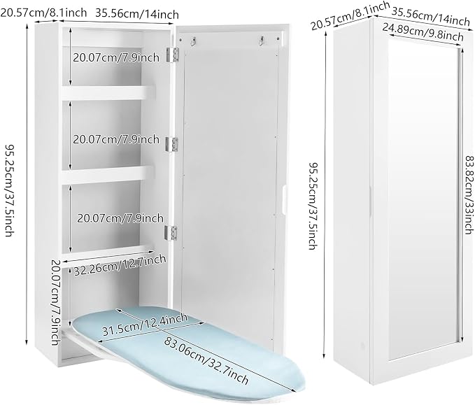 Wall Ironing Board Cabinet 180° Swivel with Mirror & Storage, Hooks, White | 180° swivel ironing board + full-length mirror + irons storage shelf + hooks. Holds 22 lbs. Folds to 8"D. For Home Apartment