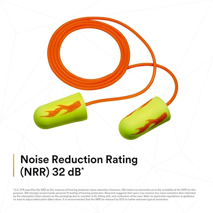 3M Ear Plugs, Pack of 200, E-A-Rsoft Yellow Neon Blasts 311-1252, Corded, Disposable, Foam, NRR 33, Drilling, Grinding, Machining, Sawing, Sanding, Welding, 1/Poly Bag