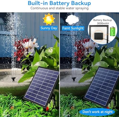 POPOSOAP 6.5W Solar Fountain Pump for Bird Bath Built-in 3000mAh Battery Backup, DIY Solar Water Fountain with Double-Layer Nozzles & Dry-Run Protection 5Ft Tubing for Ponds, Bird Bath, Water Features