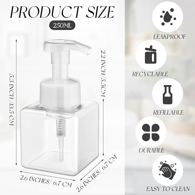 Domensi Foaming Soap Dispenser 8.5 oz Foam Pump Bottle Bulk Empty Travel Foaming Dispenser Refillable Hand Soap Plastic Pump Bottle Travel Clear Container for Bathroom Vanities(12 Pcs,White)
