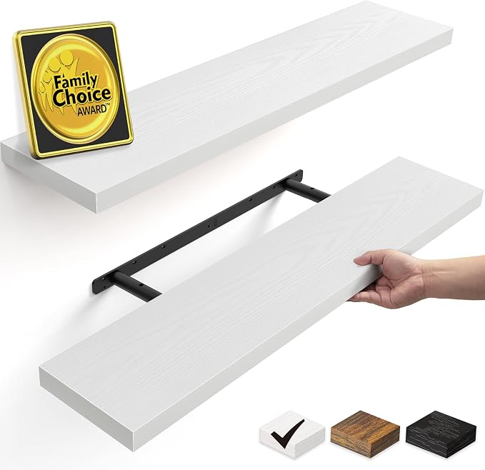 BAYKA Floating Shelves for Wall, 35.4 inches Long Wall Mounted Rustic Wood Shelves for Bathroom, Bedroom, Living Room, Kitchen, Office, Hanging Shelf for Books/Storage/Decor(White,Set of 2)