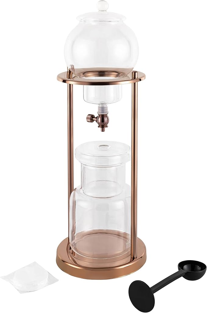 Cold Brew Coffee Maker, 600ml/20.3Oz Iced Coffee Maker Machine Slow Drip Tower, Stainless Steel Ice Dripper Coffee Maker Machine with Measuring Spoon, 6-8 Cups, for Home, Office, Cafes (Gold)