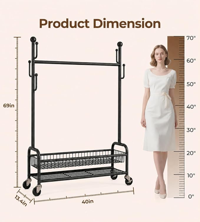 Rolling Clothes Drying Rack with Lockable Wheels, Heavy Duty Metal Laundry Drying Rack with 5 Hooks and 2-Tier Drying Shelves, Drying Rack Clothing for Indoor and Outdoor Use