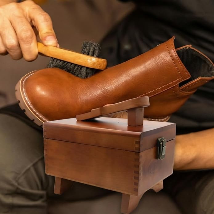 Shoe Polish Shoe Care Box Organizer Storage Carrier With Wooden Build Hinged Lid Latch Closure Elevated Base Portable Handle suitable for travel between rooms office storage home care , style to 1