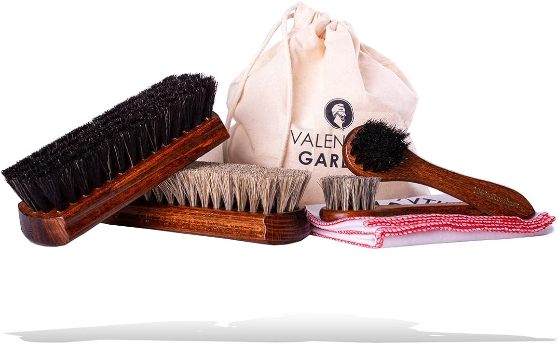 Shoe Care Kit – 6 Piece Set with Horsehair Brushes, Applicators & Cotton Cloth – Leather Shoe Cleaning & Polishing Kit – Made in Germany