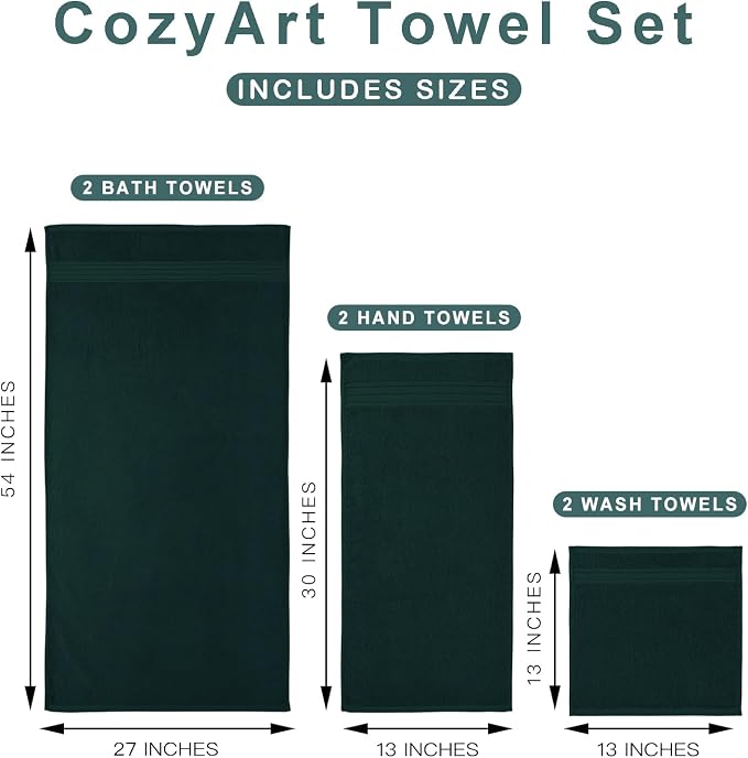 COZYART Luxury Bath Towel Set 6 Pcs, Deep Forest Green 100% Turkish Cotton | OEKO-Tex 100 Certified Zero Twist Ring Spun, 650GMS, Soft Absorbent Quick Dry, Plush, Breathable Hotel Quality for Daily Use