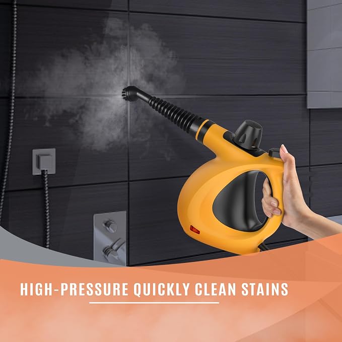 Phueut Pressurized Handheld Multi-Surface Natural Steam Cleaner with 12 pcs Accessories, Multi-Purpose Steamer for Home Use, Steamer for Cleaning Floor, Upholstery, Grout and Car (Orange)