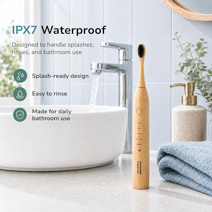 Sustainable Tomorrow Zen Bamboo Electric Toothbrush, Durable Wood-Grain ABS Handle, Rechargeable w/Plant-Based Soft Bristles, Bamboo Heads, 5 Modes & 30-Day Battery