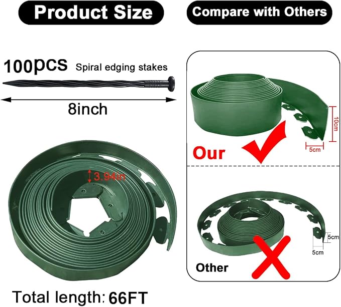 Landscape Edging 66FT,Garden Edging Borders [Extra Tall 4IN High] with 100 pcs Plastic Stakes, Lawn Edging Flexible DIY Fence for Landscaping,Flower Bed,Grass,Gravel,Tree Surrounding-Green