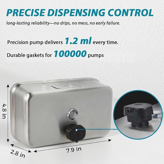 Commercial Stainless Steel Soap Dispenser Wall Mount Horizontal Liquid | 38.8oz Large Capacity, Anti-Leak, Antirust SUS304 Brushed for Bathroom & High-Traffic Areas