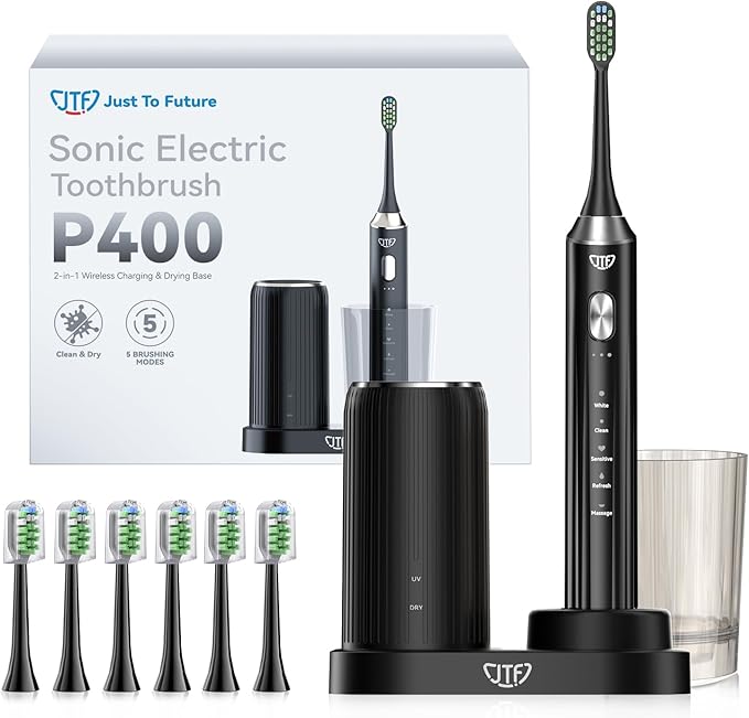 JTF Sonic Electric Toothbrush with UV Sanitizing & Drying: 5 Modes for Effective Yet Gentle Cleaning – with 6 Brush Heads, Rinse Cup, Wireless Charging Base, Rechargeable for Daily Care, Home & Travel