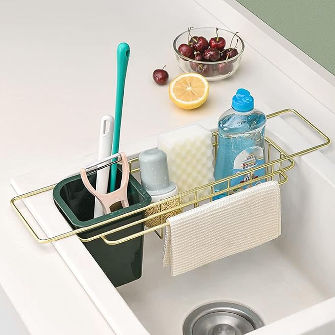 Wrought Iron Kitchen Sink Sponge Holder Drain Storage Rack Suitable for Sponge, Brush, Cloth, Cleaning Agent Green