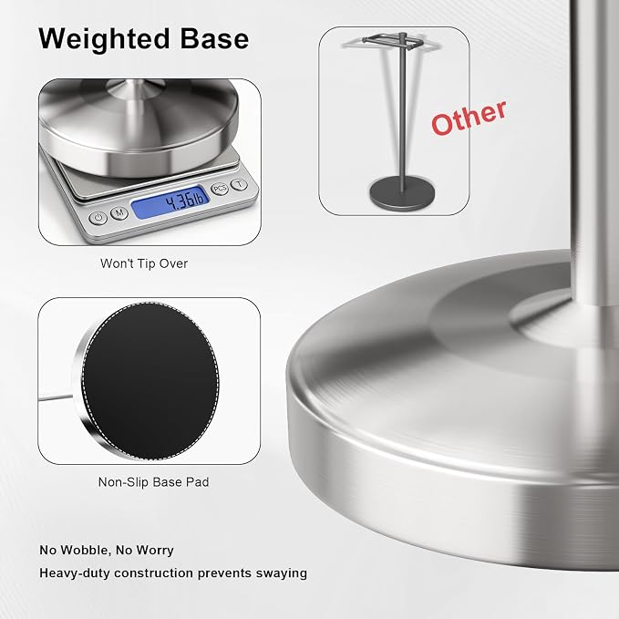 Freestanding Toilet Paper Holder Stand, Heavy Duty Brushed Nickel Stainless Steel Toilet Paper Holder with Weighted Base, Rustproof & Tool-Free Installation for Modern Bathrooms