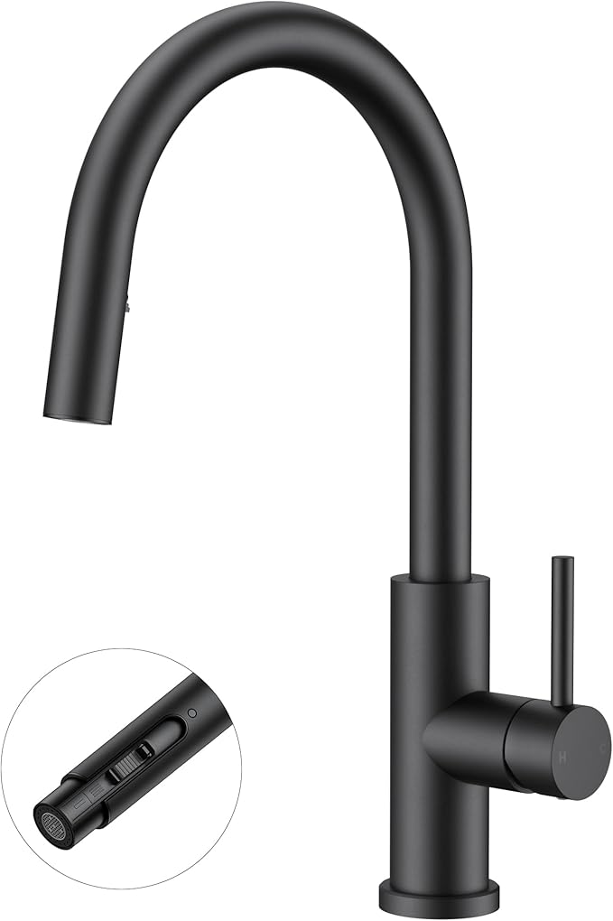 FORIOUS Kitchen Faucet with Hidden Pull Down Sprayer, Black Single Handle | Lead-Free, Stainless Steel, High Arc Sink Faucet with Deck Plate, 1 or 3 Hole Mount for Bar RV Outdoor Laundry Farmhouse