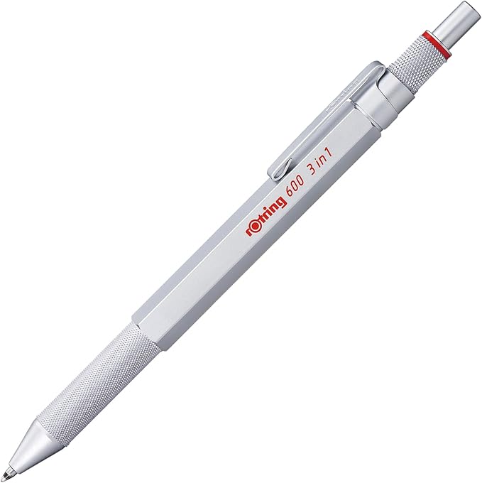 rOtring 600 3-in-1 Multicolor Pen and Mechanical Pencil, Switches Between 2 Ballpoint Pen Fine Point Tips (Black and Red Ink) and 1 Mechanical Pencil Tip (0.5mm Lead), Silver Barrel