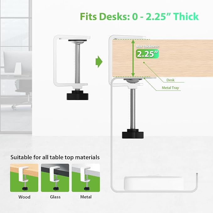 KEEGH 16" Under Desk Cable Management Tray, No Drill Clamp Mount, Desk Cord Organizer Upgrade Capacity, Cord Management Tray for Home Office, Gaming Desk, Standing Desk, White, 2 Pack