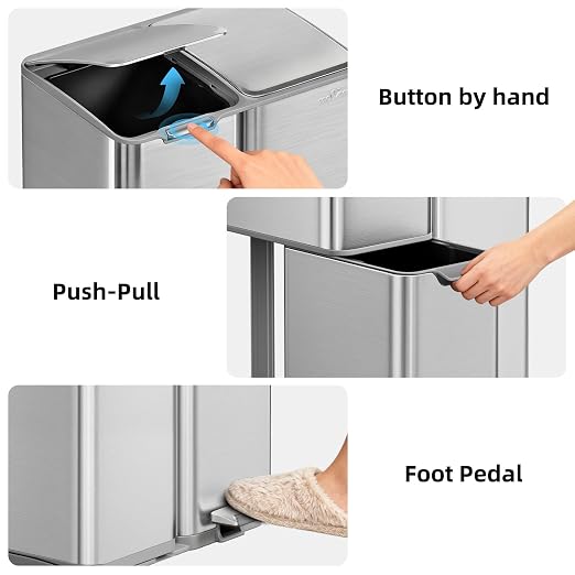 mVm 16 Gal Kitchen Trash Can, 3 Compartment Garbage Can, Heavy Duty Anti Fingerprint Brushed Recycling Bin for Office Home（Tin）